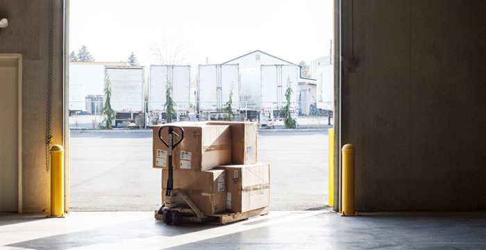 Products in boxes at a loading dock door in a distribution warehouse.